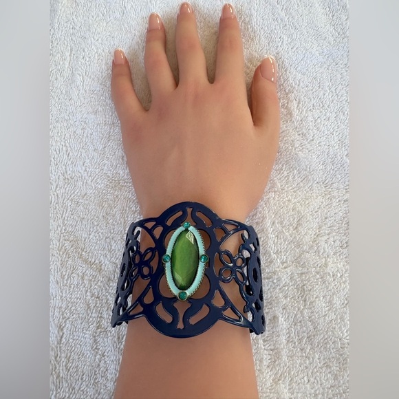 Intricate Blue Cuff Bracelet with Green Accent Rhinestone - Picture 1 of 7